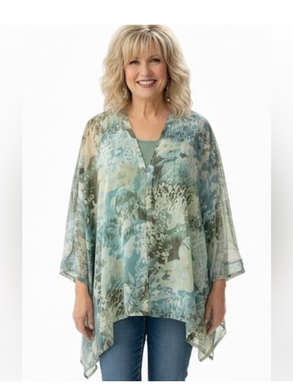 Chico's Green Printed Sheer Poncho Tunic size L/XL